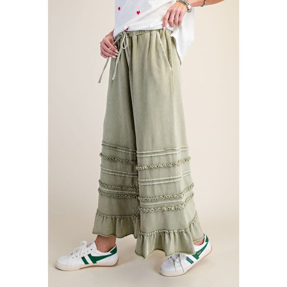 1A6D***EASEL  WASHED TERRY TIERED RUFFLED WIDE LEG PANTS - Picture 2 of 4